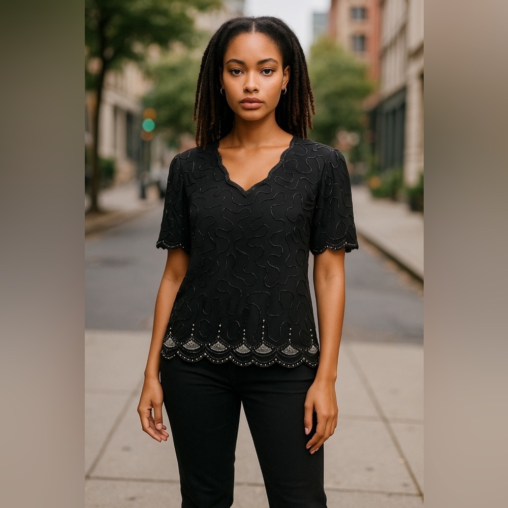 Vintage Black Sequined Beaded Silk Blouse